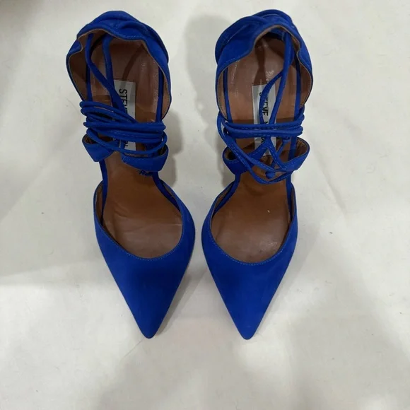 STEVE MADDEN Raela Cobalt Blue Suede Leather Closed Toe Lace Up Heels Size 7.5 - Picture 6 of 9